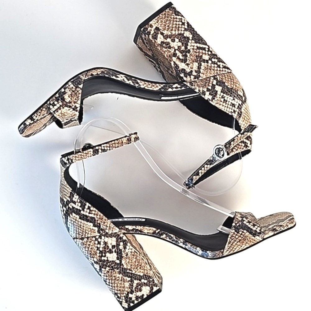 Chelsea & Violet Tara Leather Snake Print Block Heel Ankle Strap Sandal - Picture 10 of 16